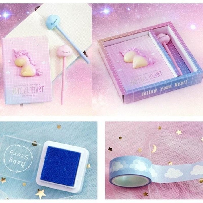 

CODE198 Set Note Book Unicorn Buku Diary Pony Pen Stempel Kado Unik Lucu