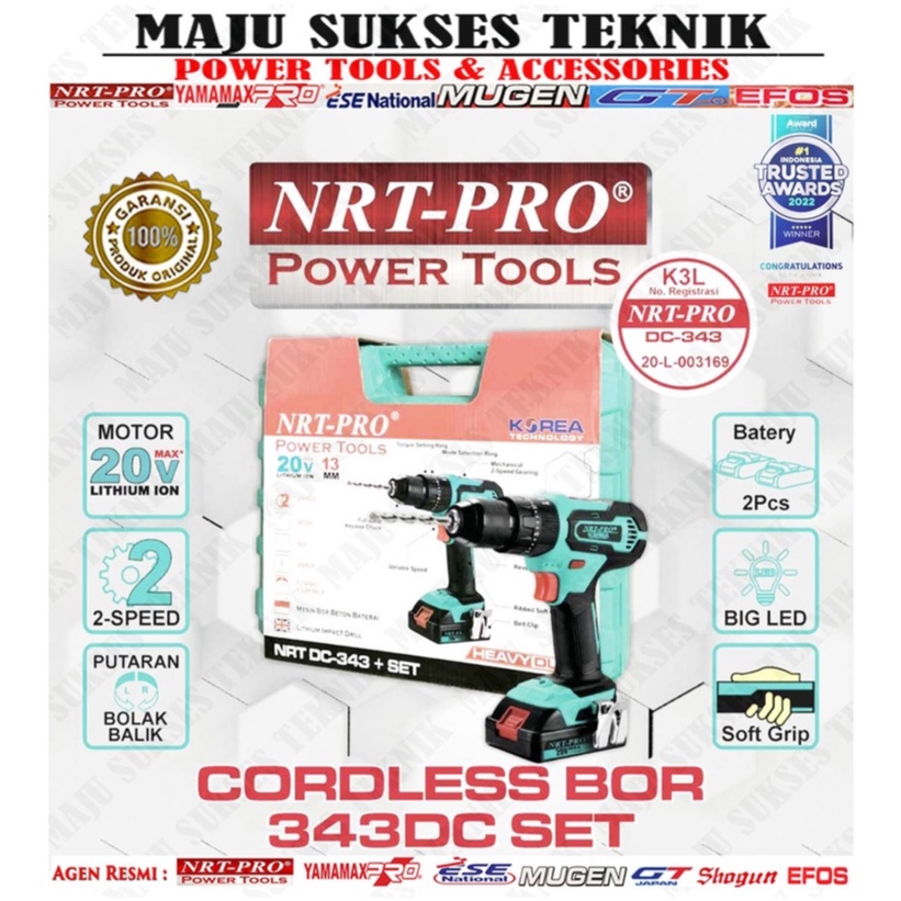 NRT-PRO DC343 Bor Cordless Drill Baterai Tangan Beton Impact Tembok 20 V 20V Paket Set Mesin DC 343 