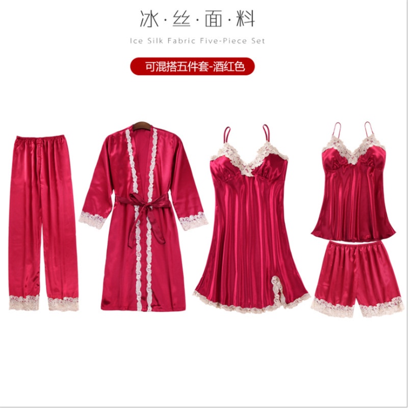 S5T939 Setelan 5pcs Sleepwear Baju Tidur Piyama Pajamas Wanita Premium - Lingerie Kimono, Babydoll, Tanktop, Celana Panjang &amp; Pendek