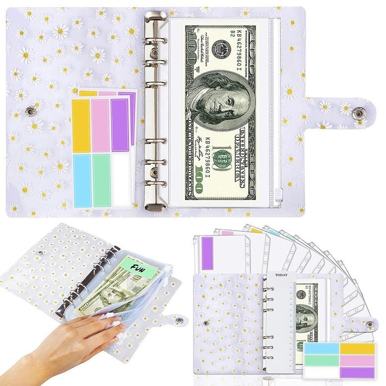 

[(BAYAR DITEMPAT) 15 Pieces A6 Daisy PVC Binder Cover Budget Planner and 12 Clear Binder Pockets Organizer,Colored Labels for Budgeting