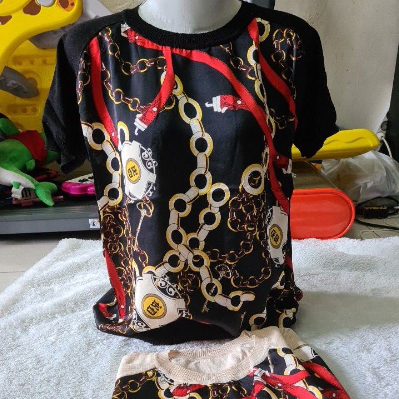 Atasan/blouse wanita import motif rantai bahan satin kombinasi rajut