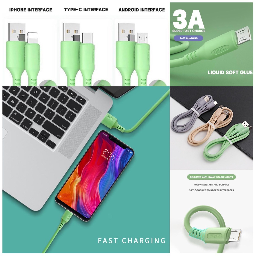 【Ready stock】Kabel Data 3A Type C Fast Charging Cable Android Tangle-free Charger Xiaomi Oppo Samsung Vivo praktis murah COD