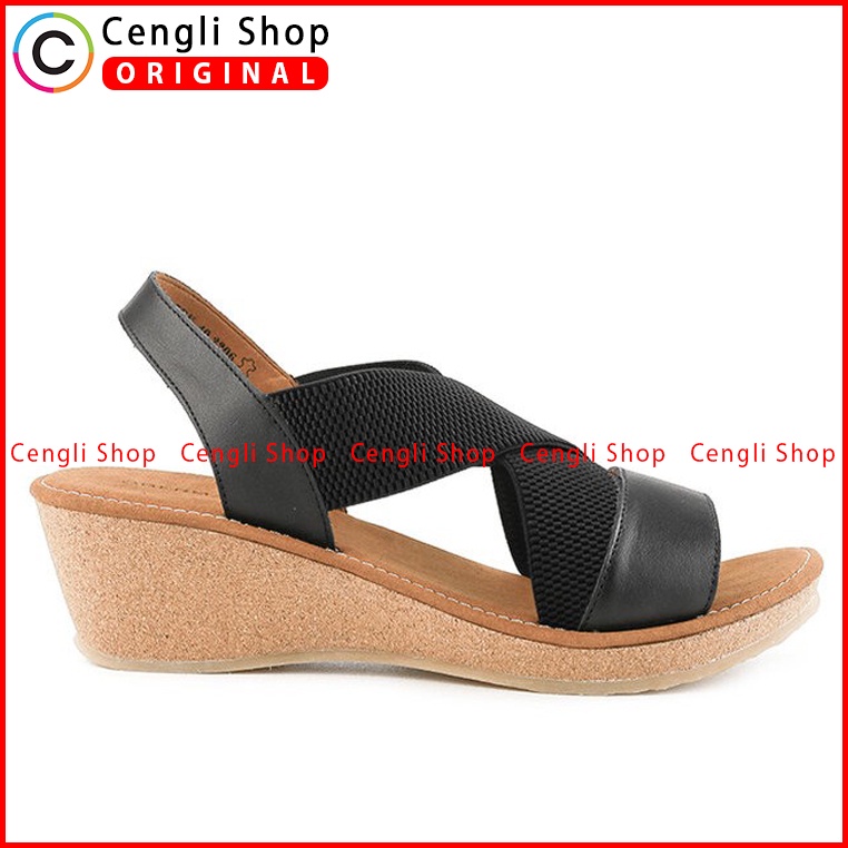 SANDAL WEDGES WANITA OBERMAIN ORIGINAL SLINGBACK KULIT ASLI HITAM OM61