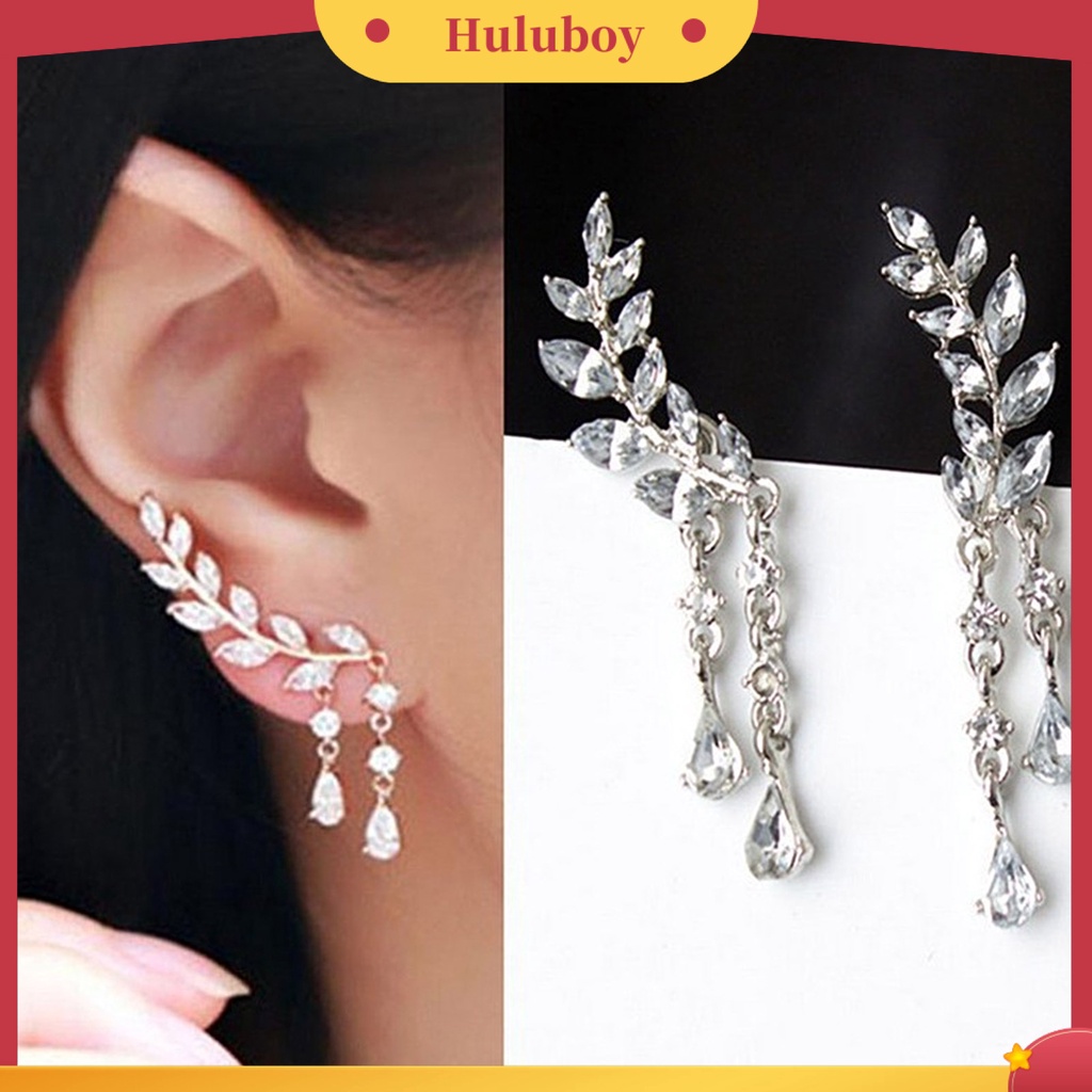 Hu Hu Hu Hu Hu Alat Bantu Pasang Kacamata♡ 1 Pasang Anting Tusuk Gantung Wanita Desain Daun / Tetesan Air Berkilau Untuk Pernikahan