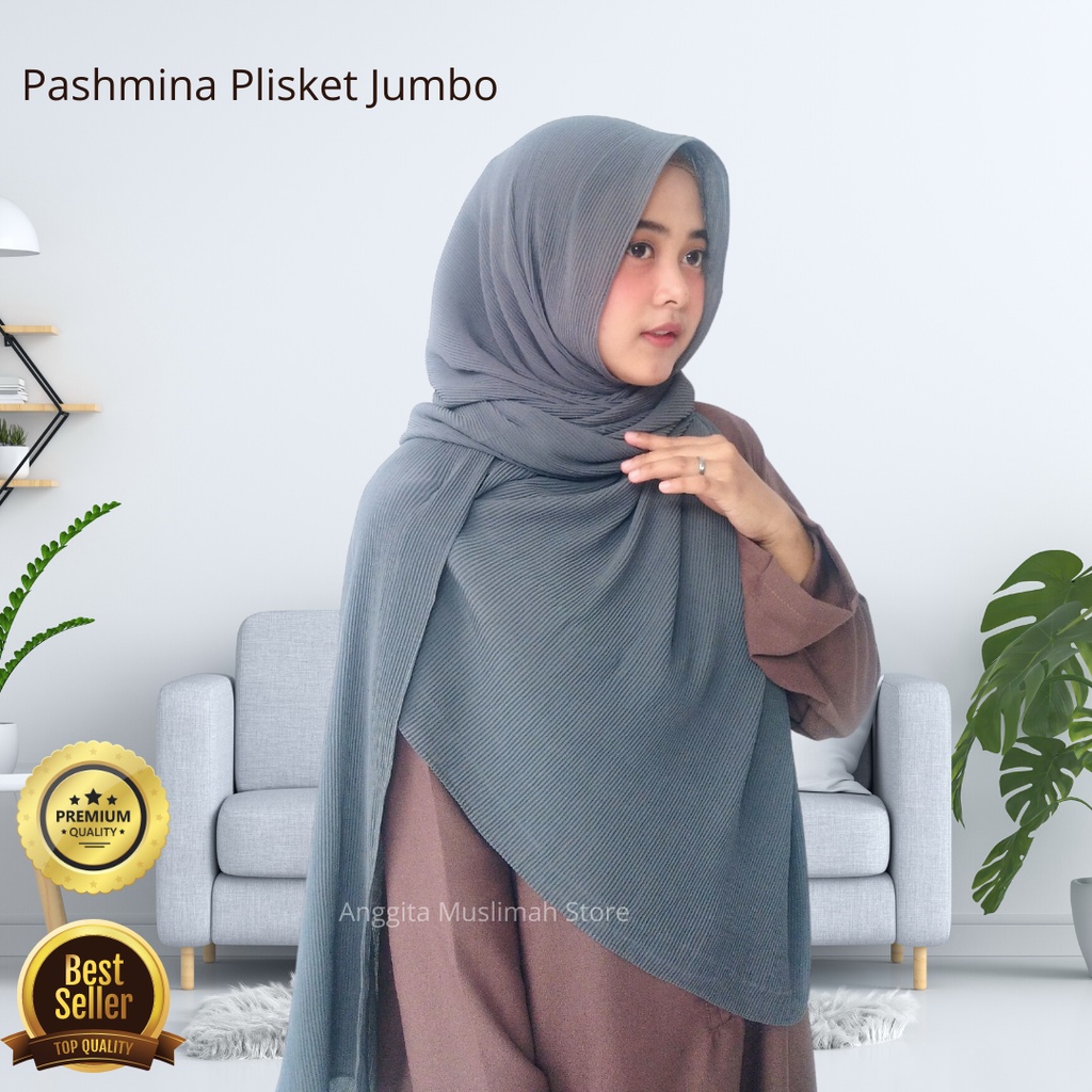 COD || PASHMINA PLEATS PLISKET JUMBO Syari SYAR'I Warna Abu tua Premium Malaysia Tebal 180x150cm Cer