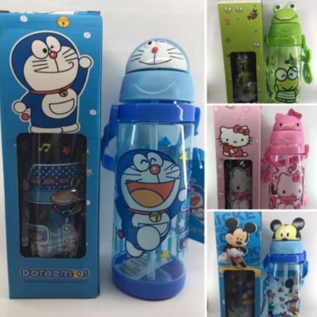 Botol Minum Sedotan Anak Karakter Kepala Doraemon Kitty Mickey Keropi