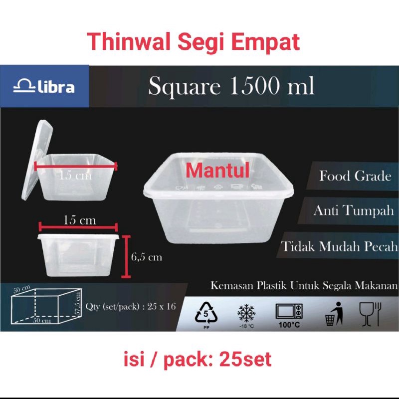 Thinwal Square Food Container 1.500ml / Kotak Makan Nasi