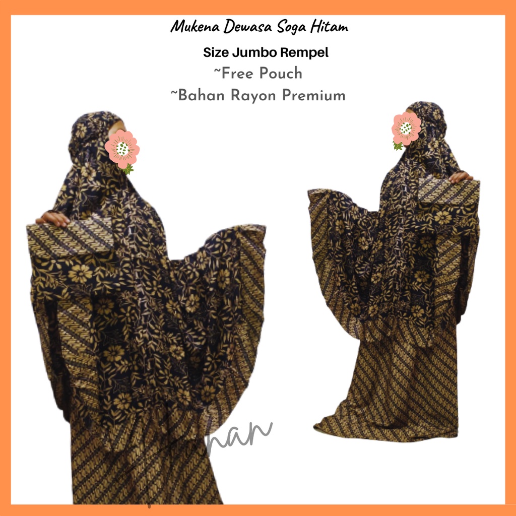Mukena Dewasa Soga Hitam Motif Batik Jumbo Rempel Rayon Premium