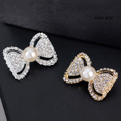 OW@ Lady Fashion Bowknot Shiny Rhinestone Imitation Pearl Scarf Dress Brooch Pin