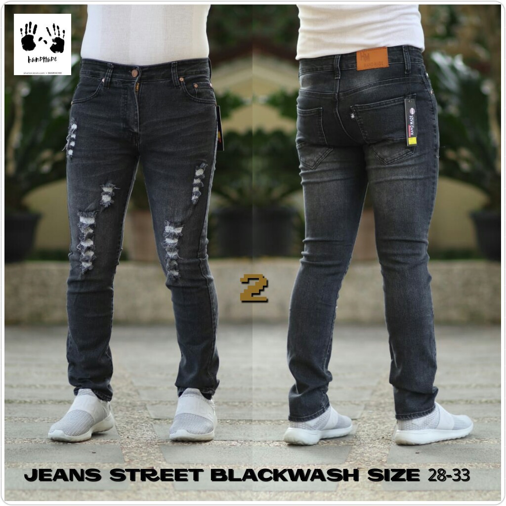 Celana Jeans Pria Skinny Biker Motor Ripped Knee Rips Sobek Robek Black Denim Streact Berkualitas S0