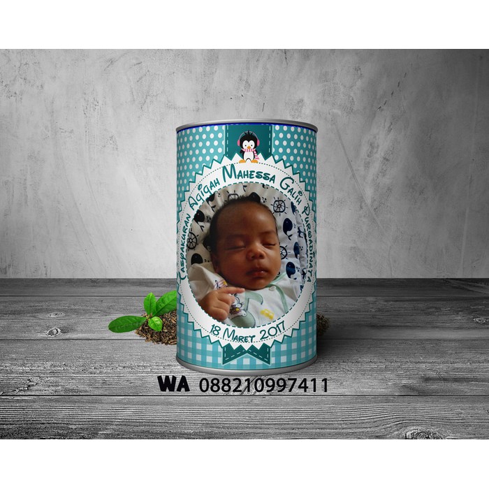 Souvenir Aqiqah, celengan kaleng Custome, plus Kain tile