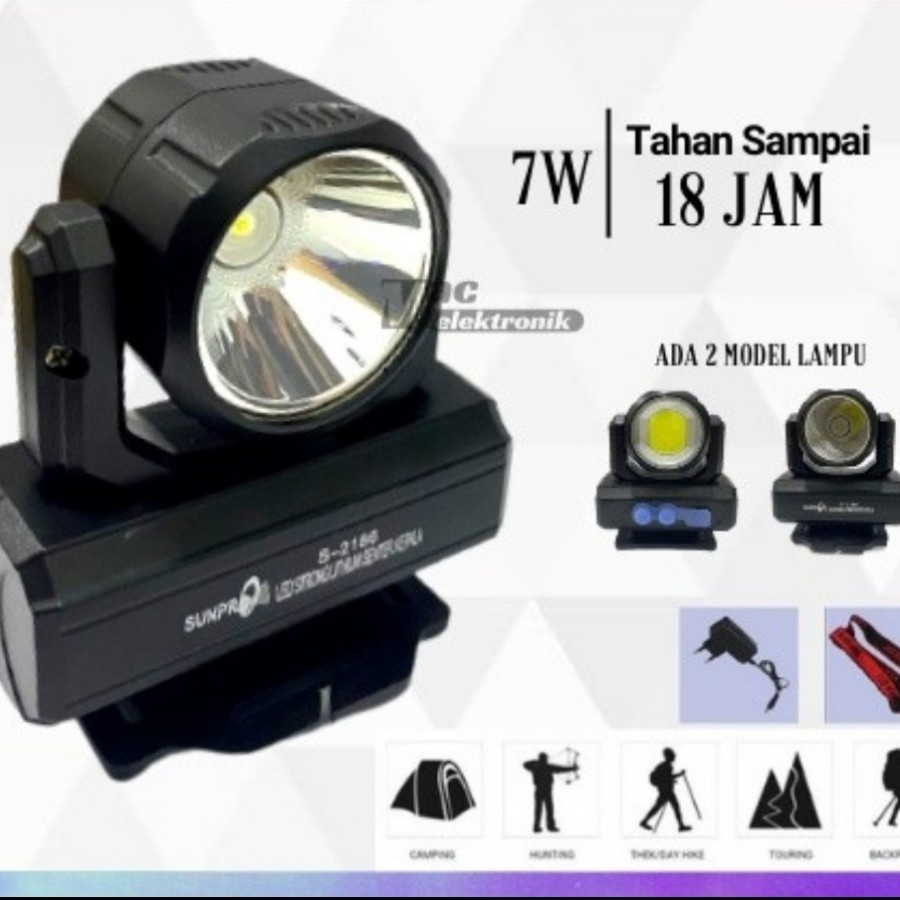 TERBARU!!Senter Kepala Led Cahaya Putih 7W Rotate 2 Mode Lampu Sunpro S 2186