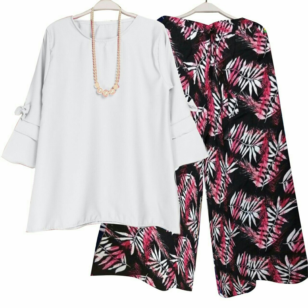 DeltaRN Set Kulot Linen Daun Baju Setelan Wanita Muslimah Setelan Kulot Muslim