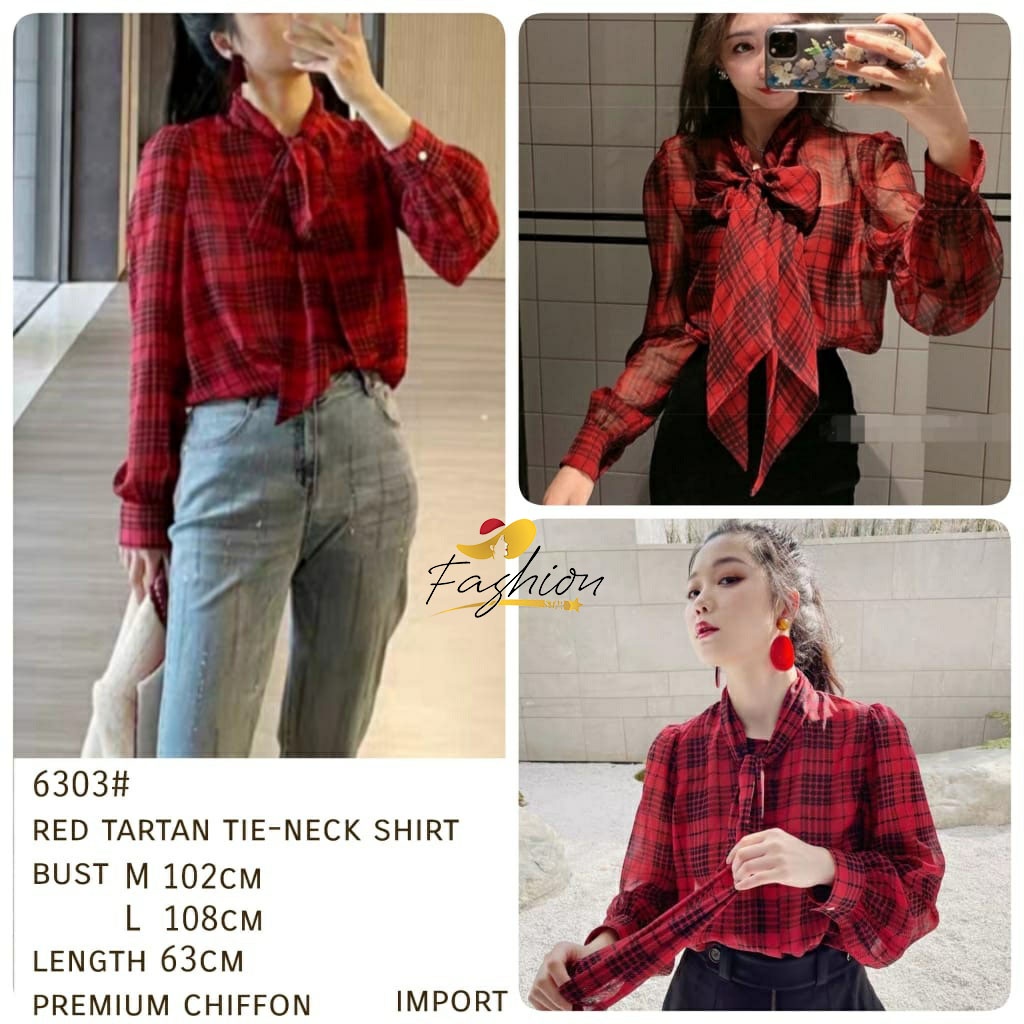 PAKAIAN KEMEJA WANITA RED TARTAN TIE NECK SHIRT TWO SIZE IMPORT |X1381