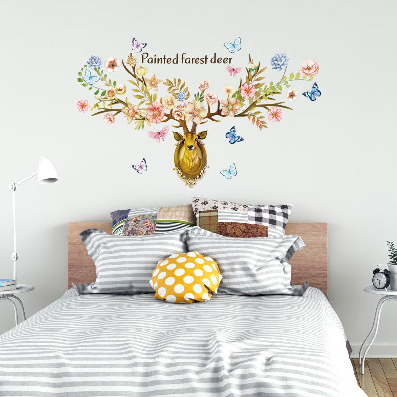 Reliza Wall Sticker Painted Farest Deer Flowers Kepala Rusa Stiker Dinding LDR