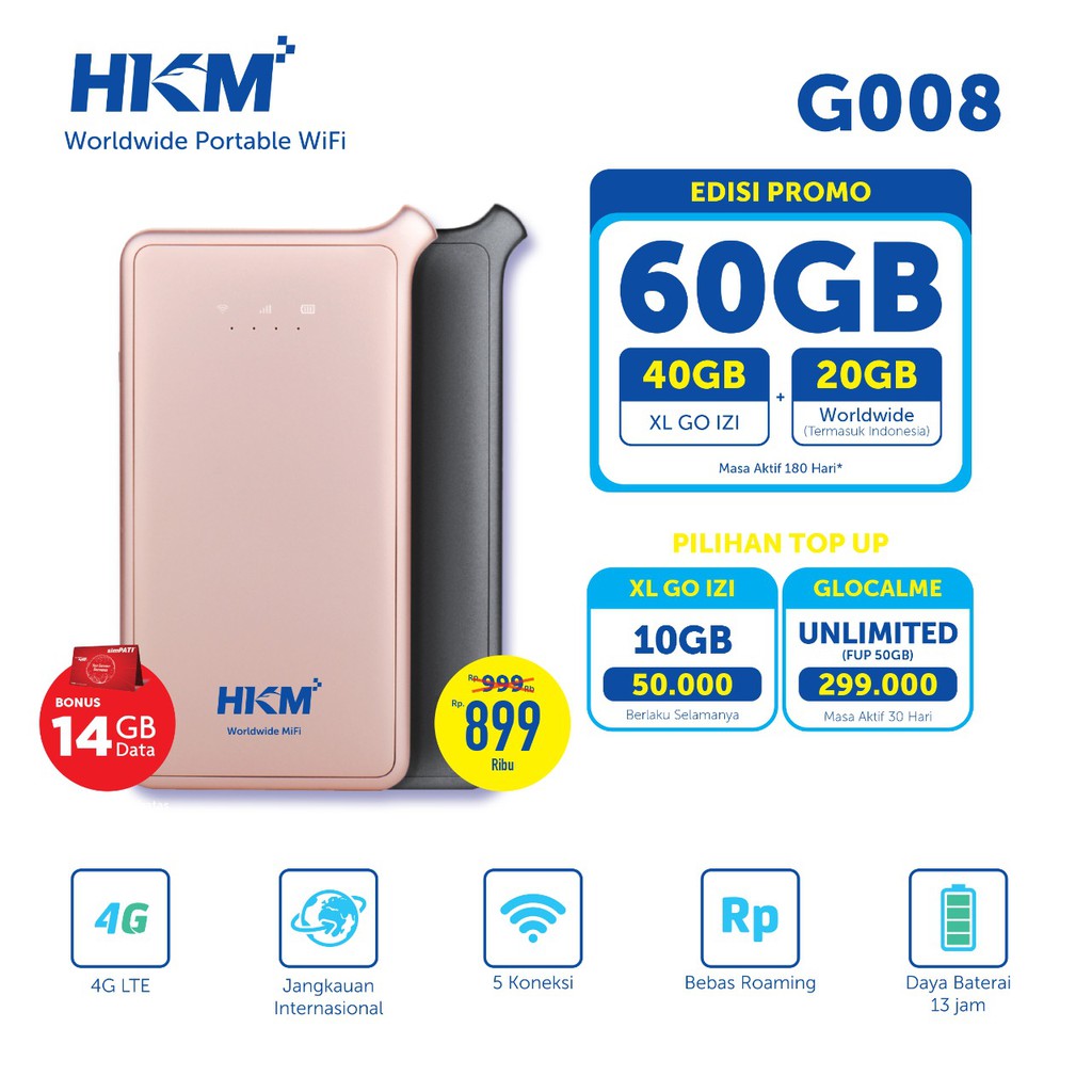 HKM G008 Mifi 4G LTE Unlock Gratis XL GO IZI 40GB dan Roaming