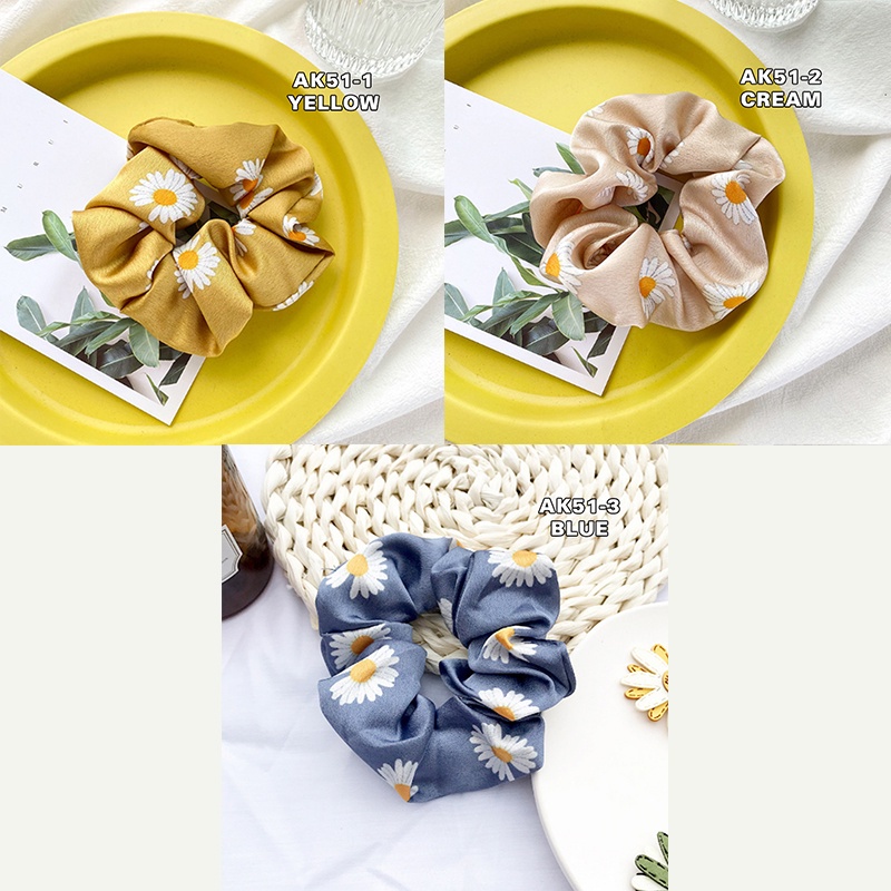 SCRUNCHIE IKAT RAMBUT KOREA WANITA AKSESORIS RAMBUT MOTIF BUNGA KERUT FASHION IMPORT AK51