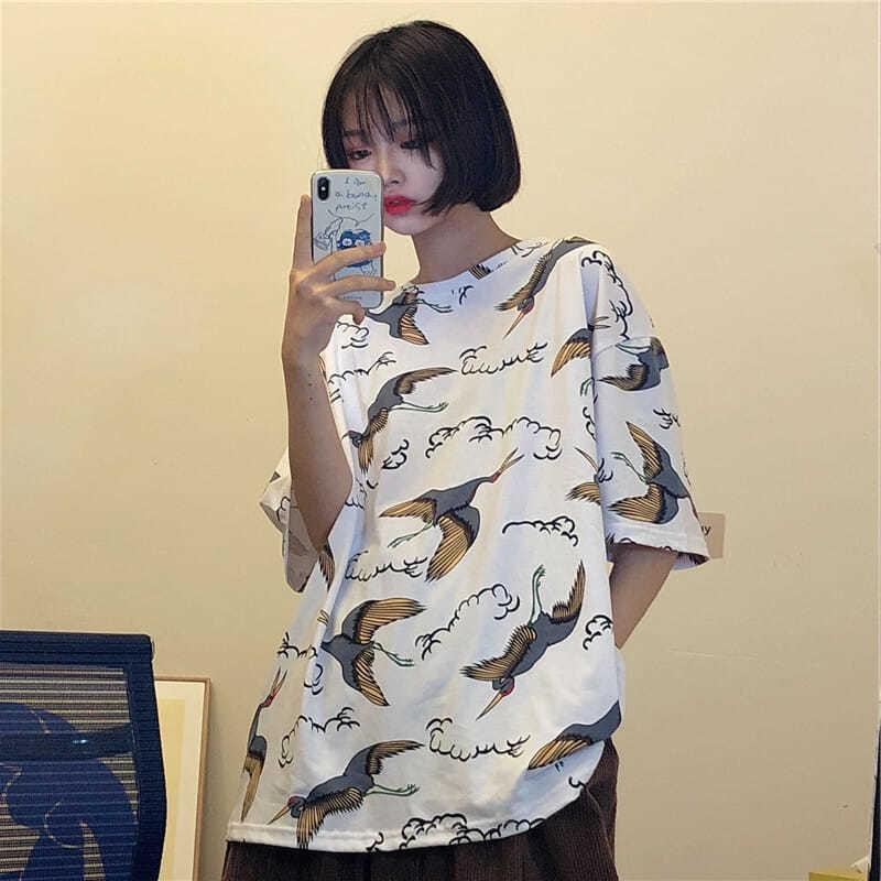 Oversize Tee Tshirt   Wanita Model Longgar Motif Burung