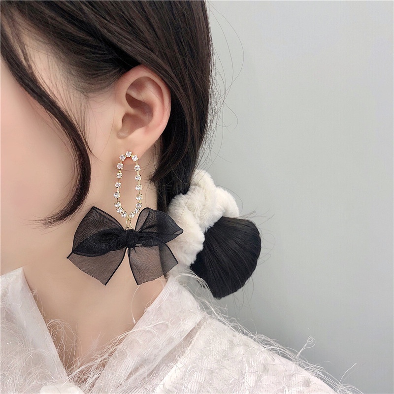 Anting S925 Silver Needle Bentuk Pita Warna Hitam Gaya Korea Untuk Wanita