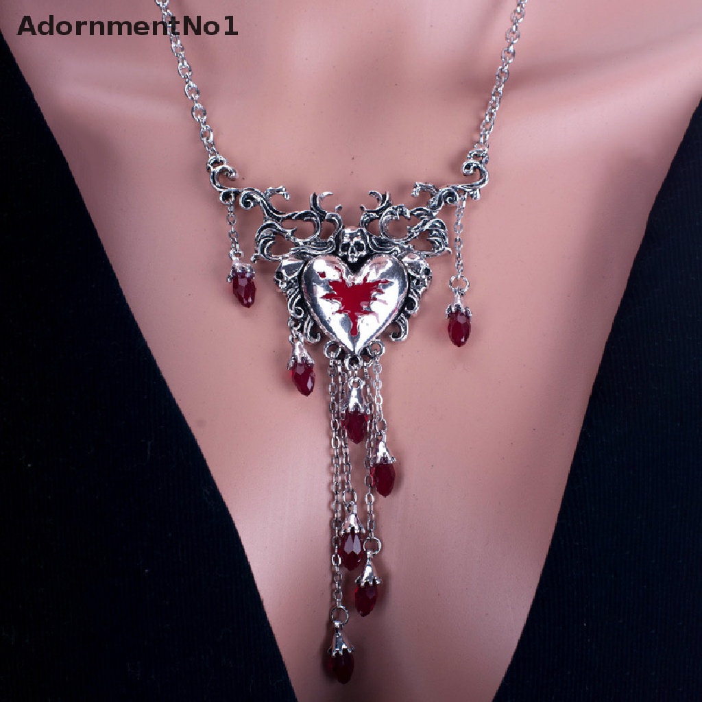 (AdornmentNo1) Kalung Rantai Dengan Liontin Hati + Tengkorak + Rumbai Merah Gaya Gothic Untuk Wanita