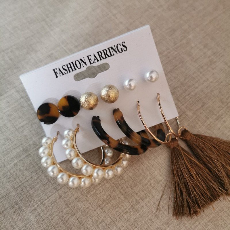 Set Anting Tusuk Bentuk Lingkaran Aksen Mutiara + Rumbai Gaya Bohemian Untuk Wanita