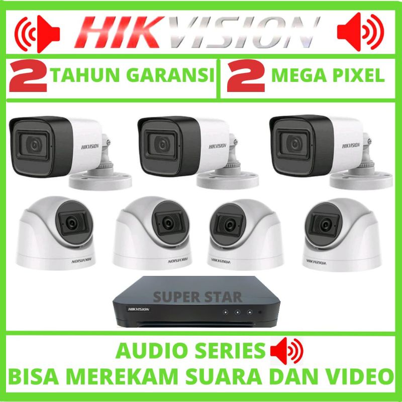 PAKET CCTV HIKVISION AUDIO 8 CHANNEL 7 KAMERA 2MP 1080P BISA MEREKAM SUARA  TAHAN PANAS DAN HUJAN