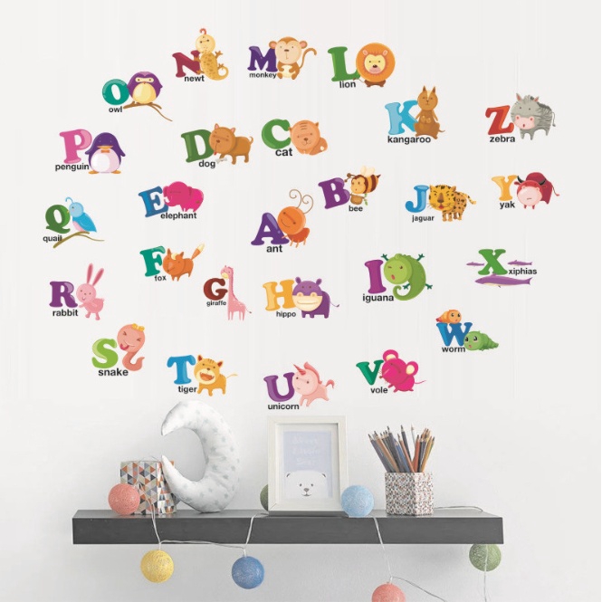 Kartun Hutan Liar 26 Surat Alphabet Hewan Stiker Dinding Untuk
