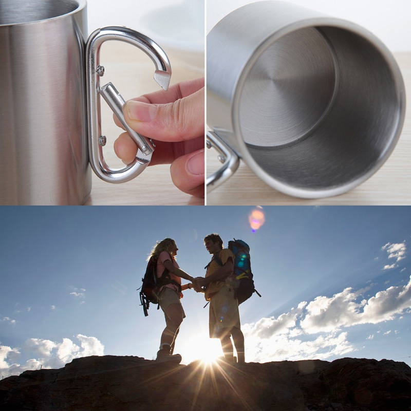 Sun Gelas Air Minum 220ML Bahan Stainless Steel Dengan Handle Carabiner Untuk Camping / Hiking