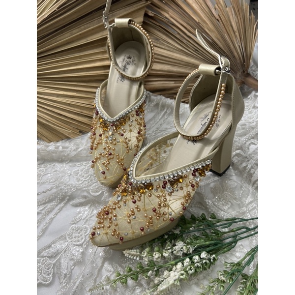 sepatu wanita wedding pesta naima gold tali 9cm tahu