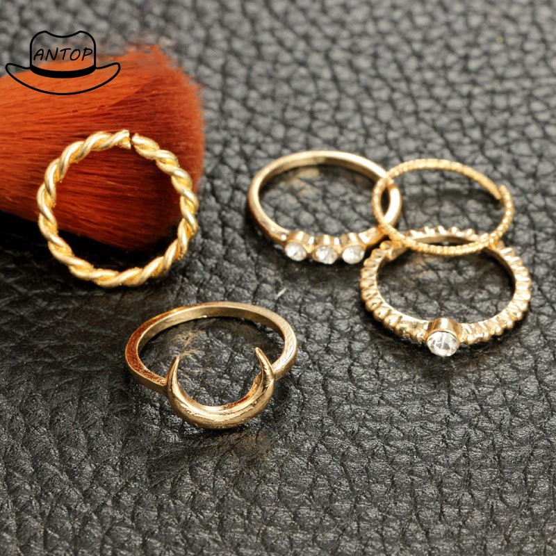 Antop！5Pcs Cincin Vintage Boho Model Stackable Bulan untuk Wanita