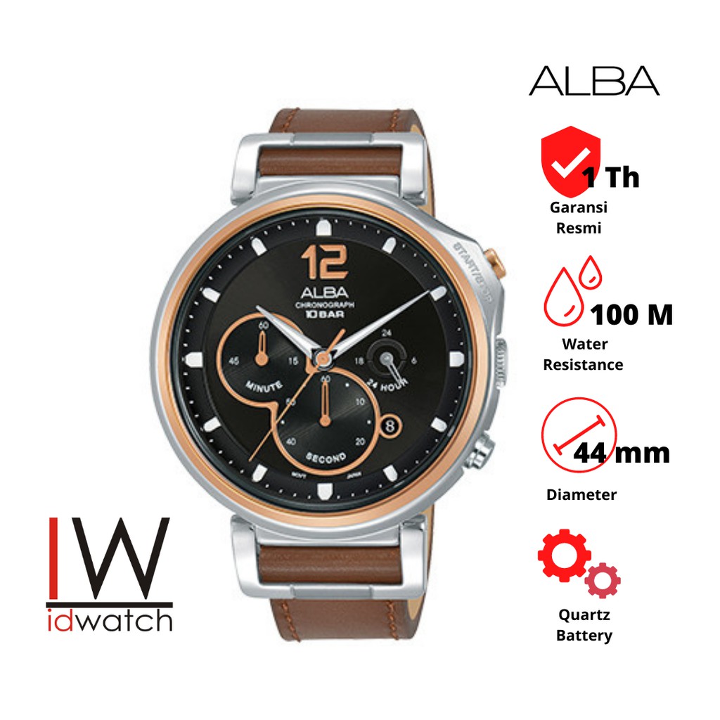 Alba Chronograph AT3E14X1 Jam Tangan Pria Original AT3E14 Cowok Strap Kulit Brown Leather