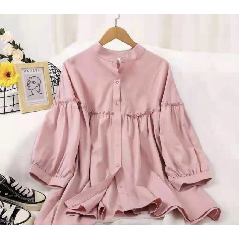 Aqila Ruffle Batwing Basic Blouse / Kemeja Atasan Ruffle Polos Shakilla