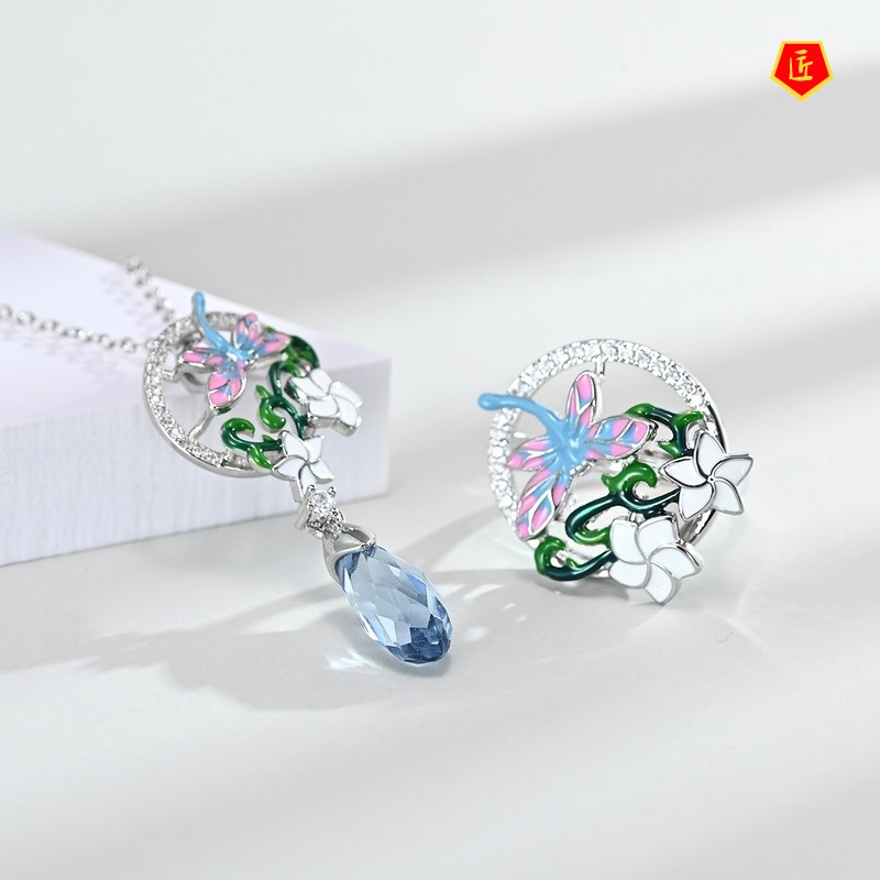 [Ready Stock]Dragonfly Pendant Flower Rings Ear Studs Set