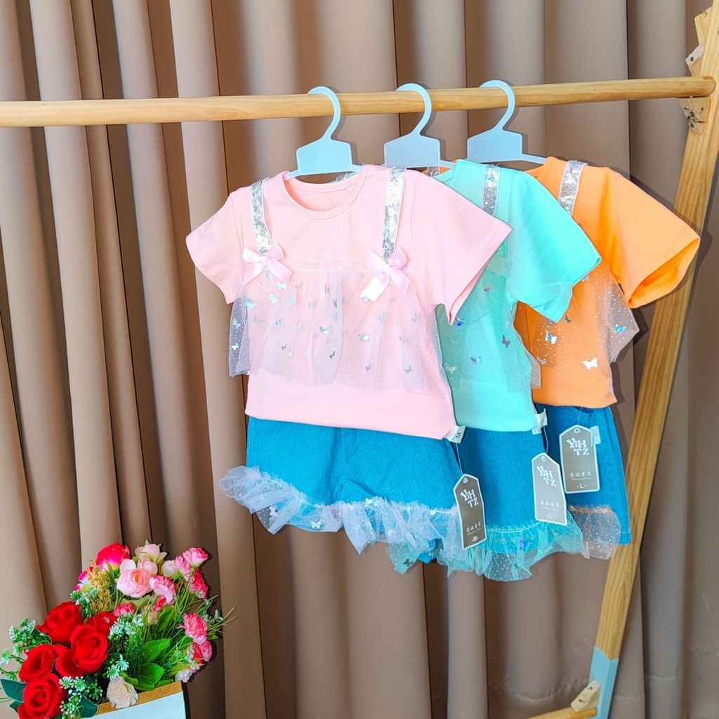 Promo !! Setelan baju anak perempuan / setelan rope furing butterfly hologram ukuran 1-4tahun / Setelan anak import trendy