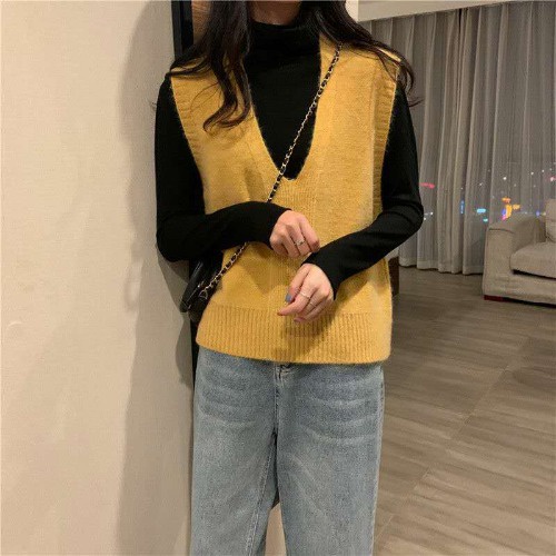 [Diskon Terbesar]Korea Tanpa lengan longgar v-neck Rompi kisi sweater rajutan rompi outer Rompi rajut