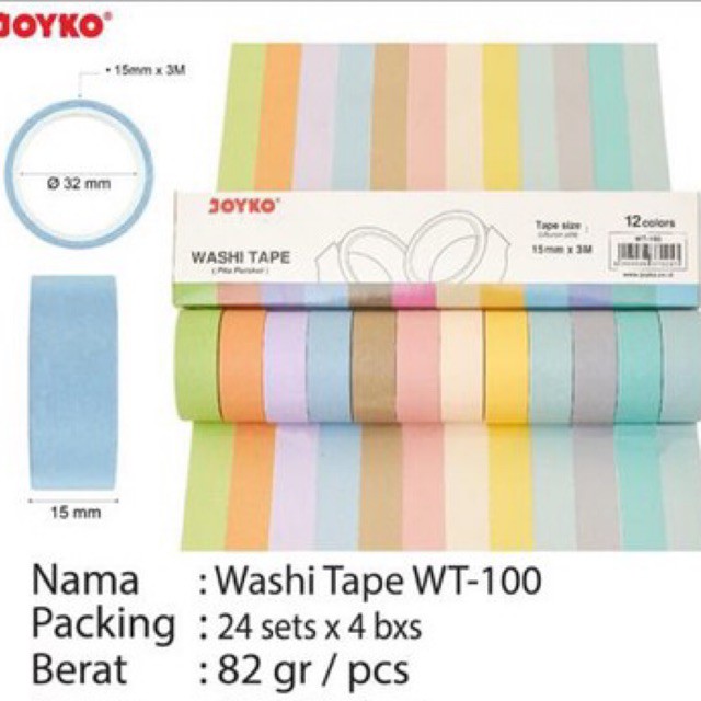 Washi Tape WT-100 / Selotip Pastel set 12 Warna Joyko