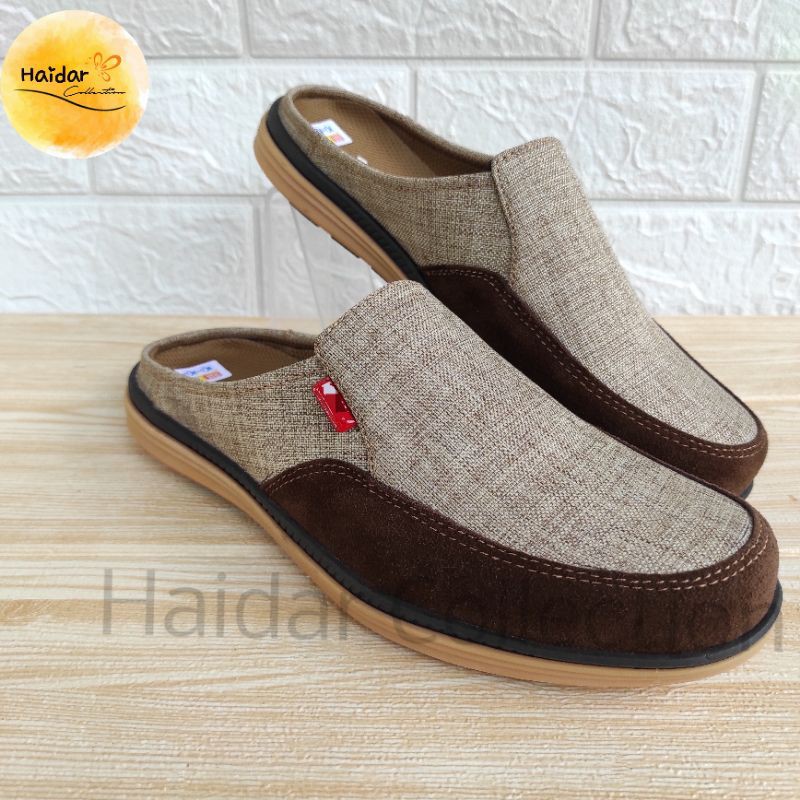 Sandal Slop Bustong Pria Kulit Suede Nubuck Sintetis Lentur Kasual Cowok Selop Premium.