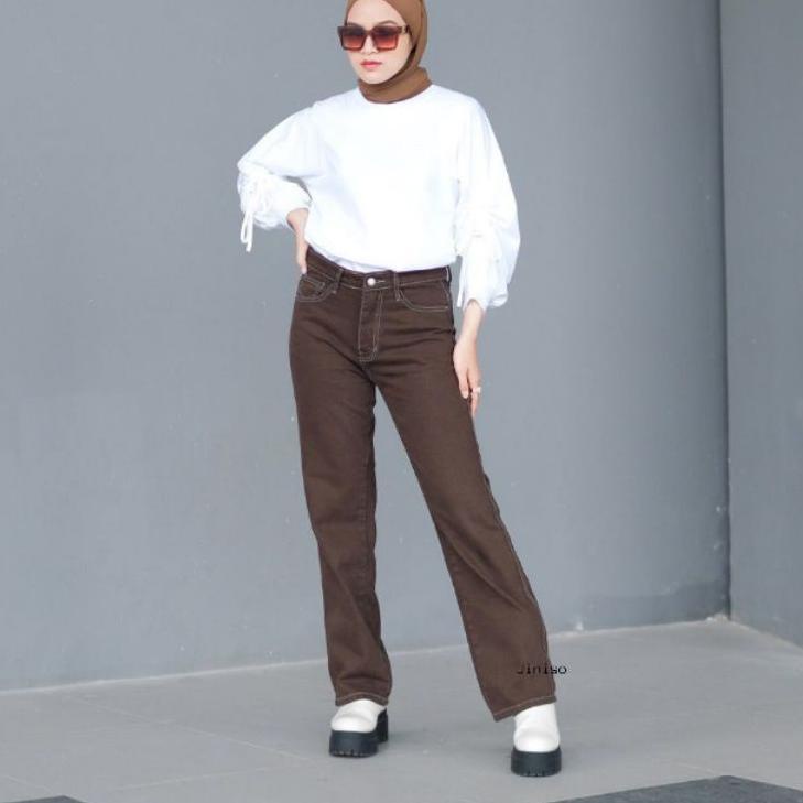 Telah Hadir.. Celana Jeans Wanita Kulot Loose Highwaist Warna Brown Cream