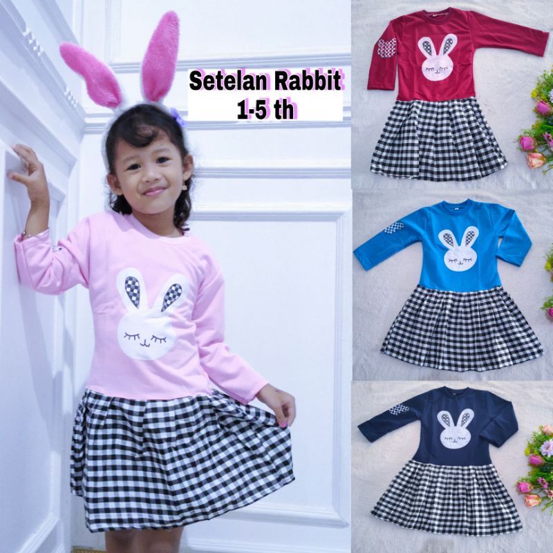 Dress anak 2 3 4 5 Tahun cewek perempuan Dress motif kotak Rabbit Viral kelinci playboy