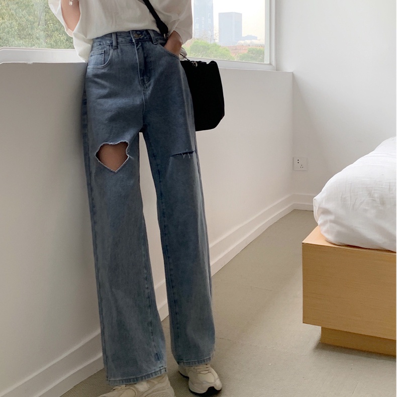 Ripped Jeans wanita loose celana korea style retro straight pants high waist