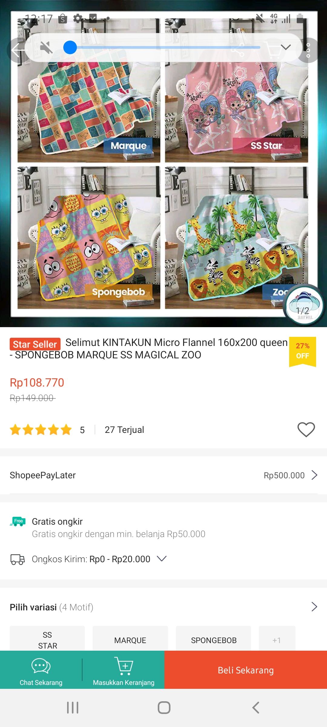 Selimut Kintakun Micro Flannel 160x200 Queen - Spongebob Brenda Graciela Kezia Victor Slmt160dlx