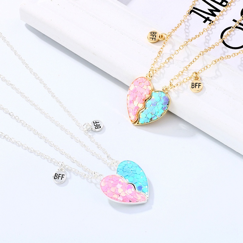 Set Kalung Rantai Liontin Hati Sequin Batu Magnet BFF Good Friend Untuk Anak Perempuan