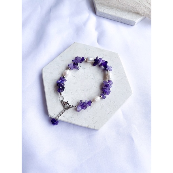 Gelang Batu Alam/Gelang Batu Pecah/Gelang Mutiara/Gelang Wanita Korea/Gelang Etnik Simpel-Amethys (Pm)