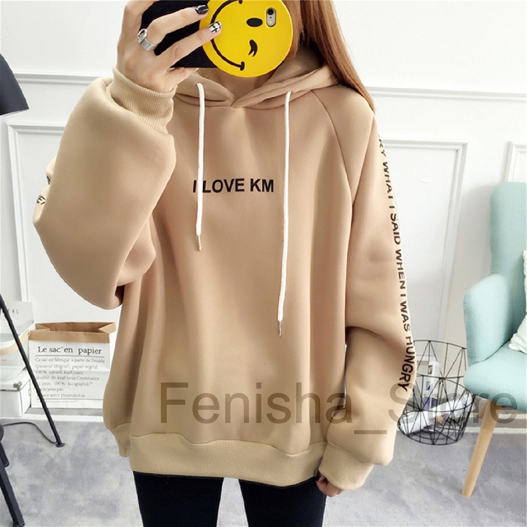 FenishaStore Sweater Hoodie Wanita I LOVE KM Lengan Panjang Size M L XL XXL-Bisa Bayar Ditempat COD