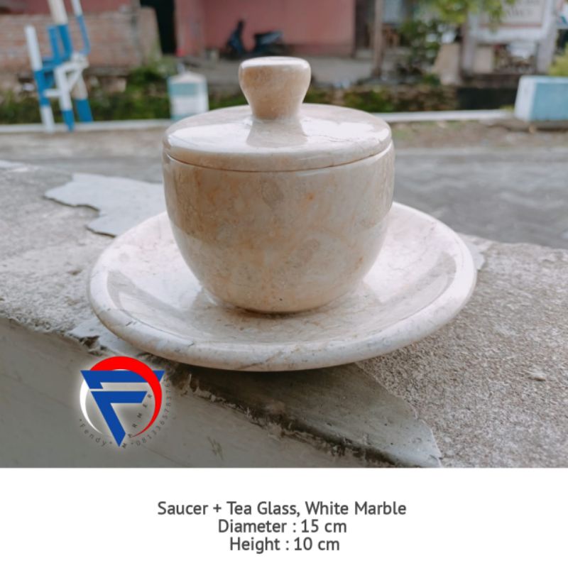 Set gelas teh dan lepek batu marmer putih free ongkir murah