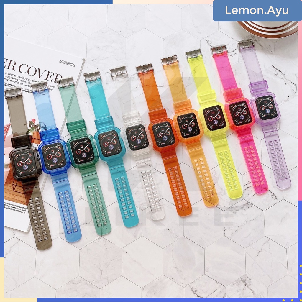 2 in 1 Tali Transparan untuk Apple Watch 7 41mm 45mm iWatch Clear Glacier Band TPU Tali Pelindung Penuh