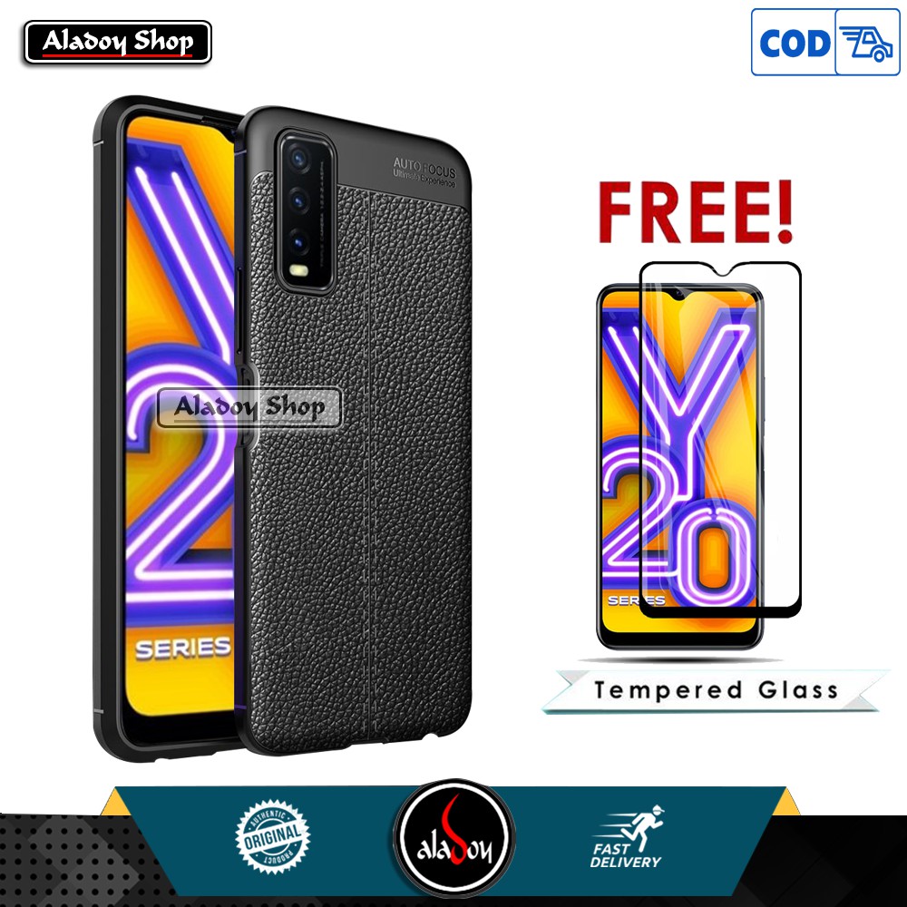 Case VIVO Y20/Y20i Ultra Slim Auto Focus Leather Premium SoftCase + Tempered Glass Anti Gores Layar