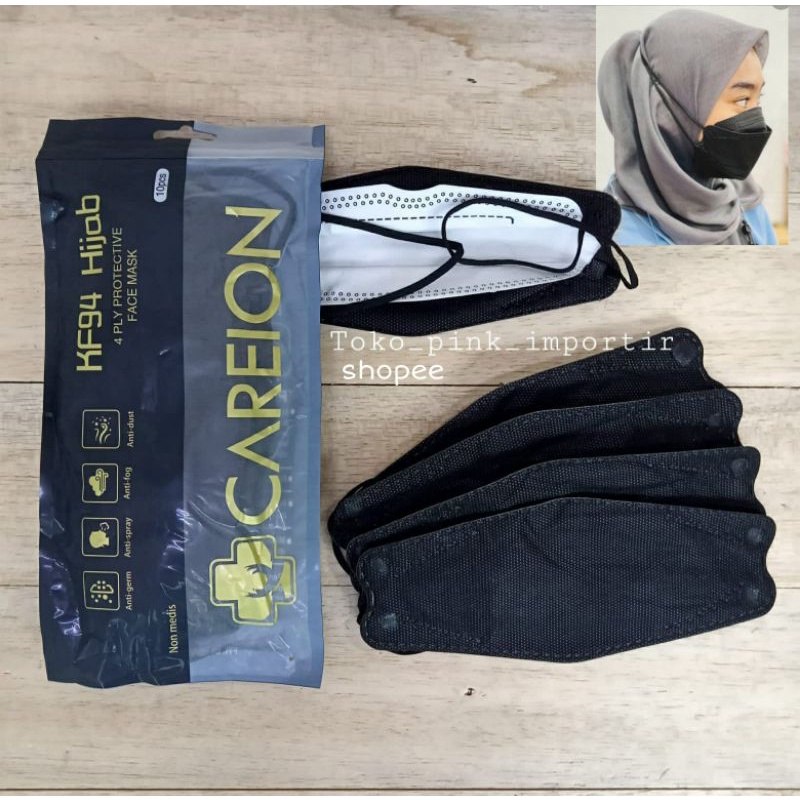 MASKER KF94 HIJAB CAREION HITAM PUTIH SHRIMPINK MATCHA WARNA WARNI NUDE 4PLY KF94 HIJAB PACK ISI 10