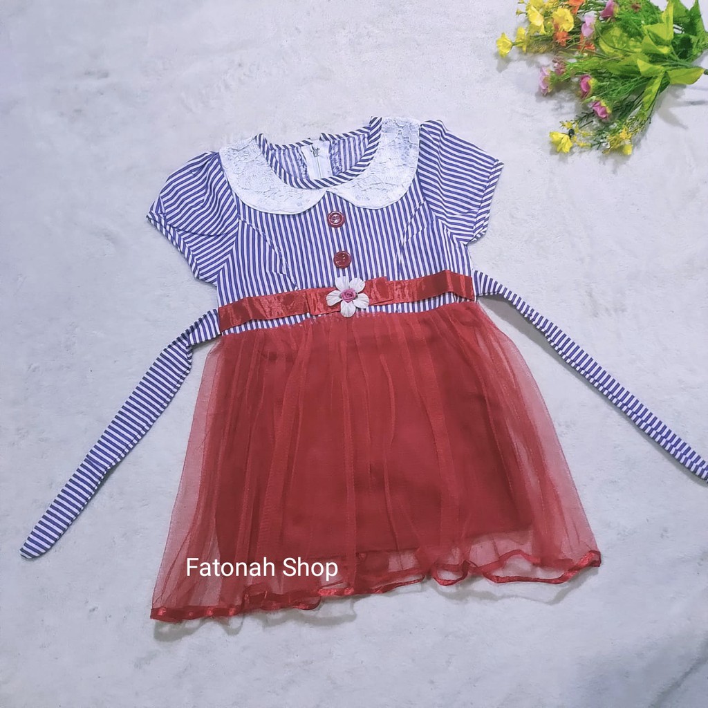 Dress anak 1 2 tahun gaun anak kerah tutu baju anak cewek perempuan muarh ( dress strip tutuKERAHPUTIH)