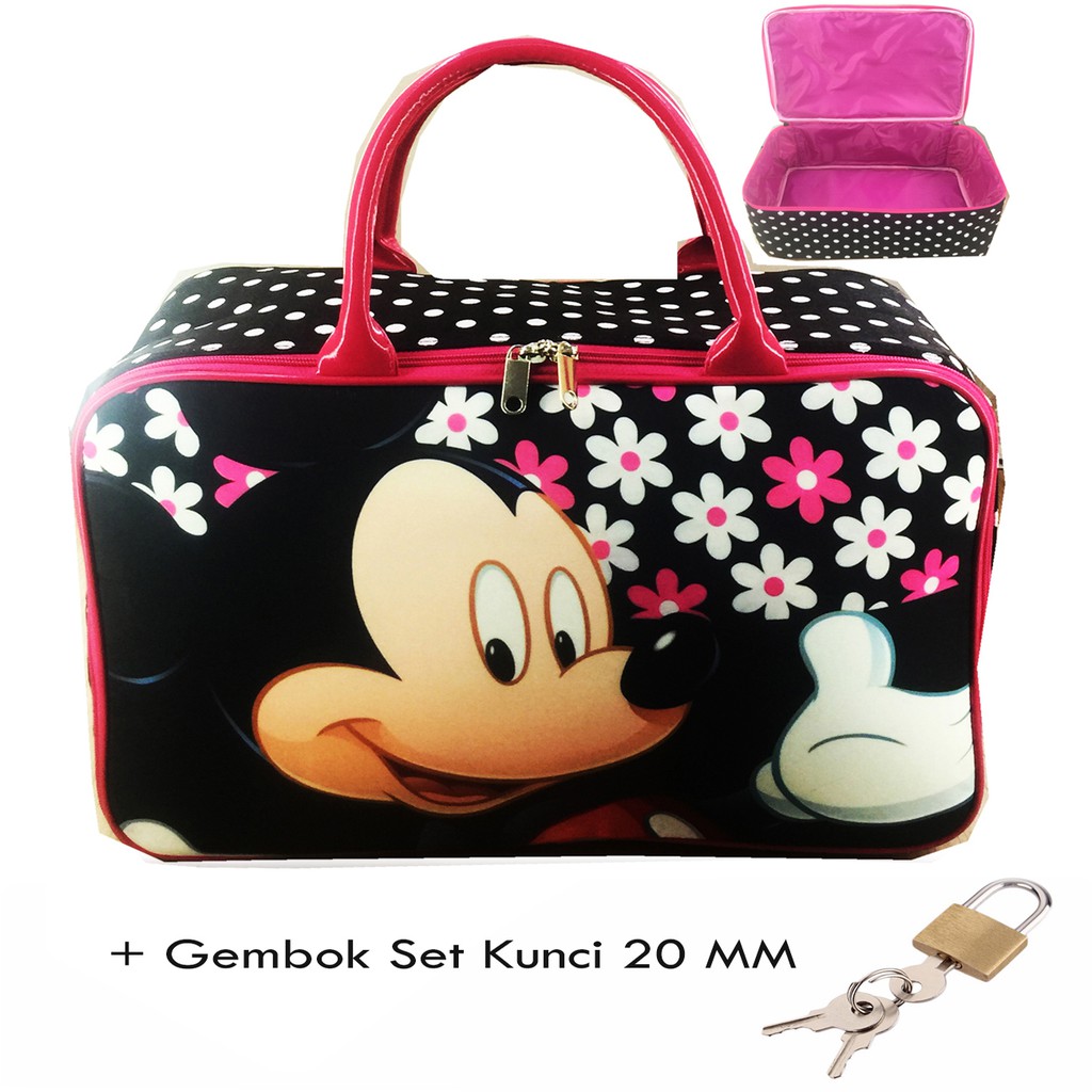 Tas Travel Kanvas JUMBO  TIKUS COWO MOUSe  k MM Flower + Set Gembok Kunci 20mm